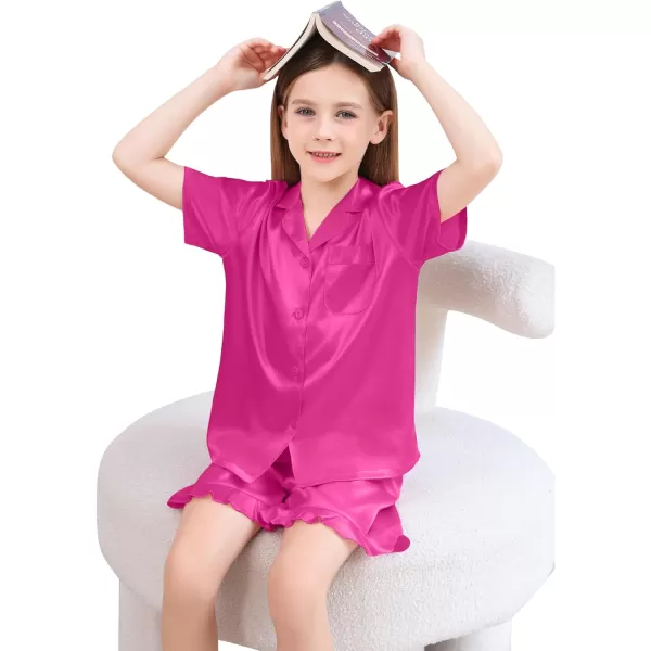 SWOMOG Kids Girls Silk Satin Pajamas Sets Short Sleeve Button Down Sleepwear with Cute Ruffle Trim Silky PJs Teens Size 416Rose