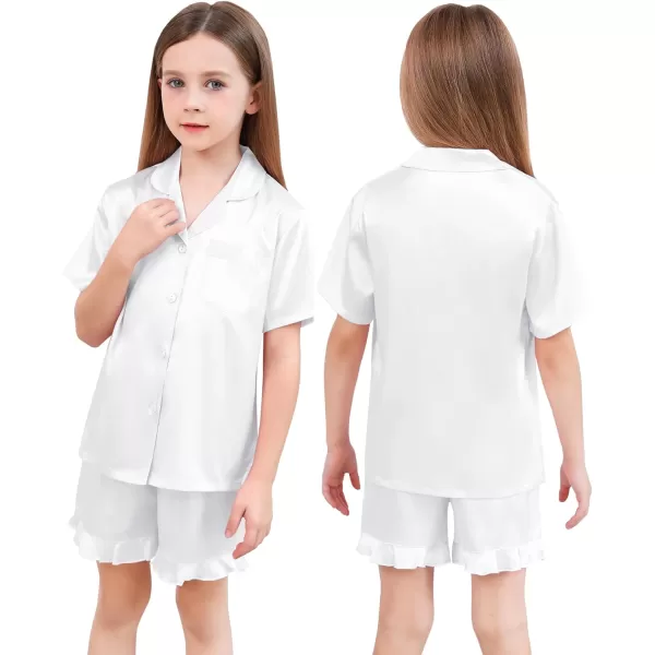 SWOMOG Kids Girls Silk Satin Pajamas Sets Short Sleeve Button Down Sleepwear with Cute Ruffle Trim Silky PJs Teens Size 416White