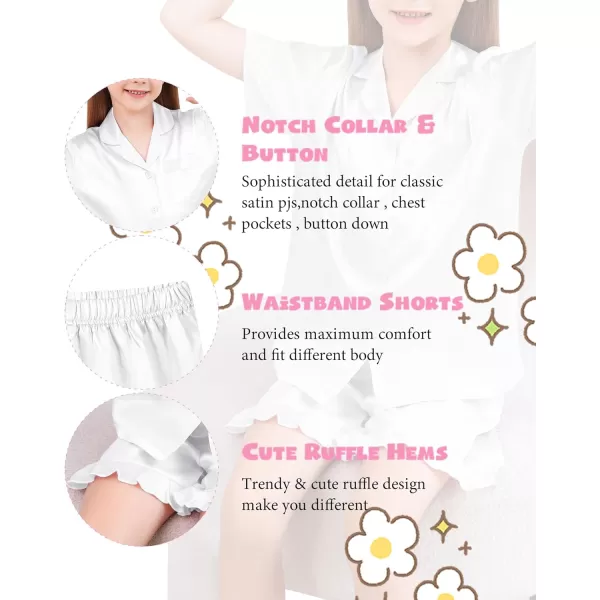 SWOMOG Kids Girls Silk Satin Pajamas Sets Short Sleeve Button Down Sleepwear with Cute Ruffle Trim Silky PJs Teens Size 416White