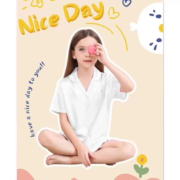 SWOMOG Kids Girls Silk Satin Pajamas Sets Short Sleeve Button Down Sleepwear with Cute Ruffle Trim Silky PJs Teens Size 416White