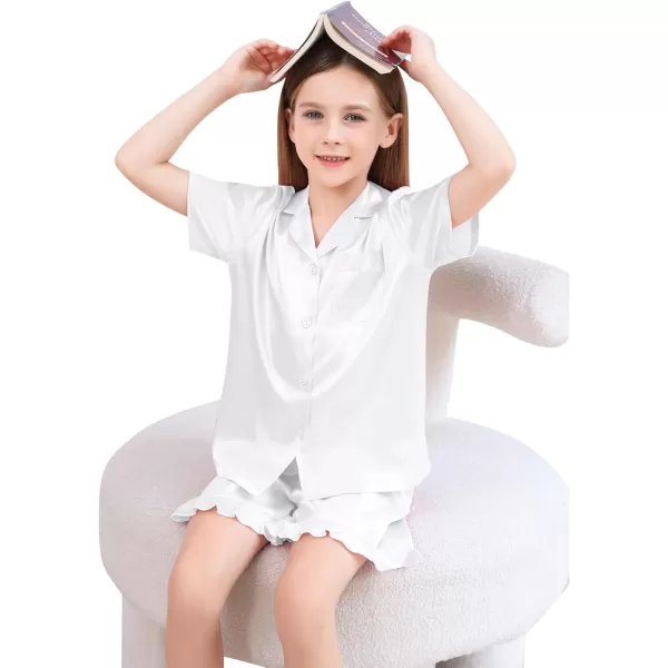 SWOMOG Kids Girls Silk Satin Pajamas Sets Short Sleeve Button Down Sleepwear with Cute Ruffle Trim Silky PJs Teens Size 416White