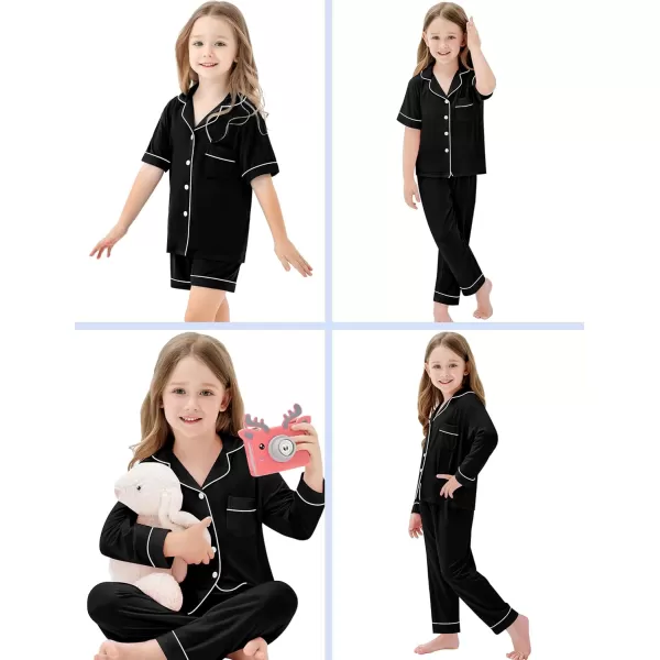 SWOMOG Kids Modal Pajama Set 4Pcs Long Sleeve Sleepwear Button Down Short Pjs Set Girls Boys Soft Loungewear 413 YearsBlack