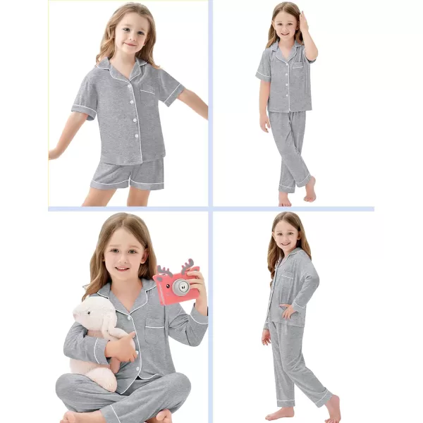 SWOMOG Kids Modal Pajama Set 4Pcs Long Sleeve Sleepwear Button Down Short Pjs Set Girls Boys Soft Loungewear 413 YearsGray