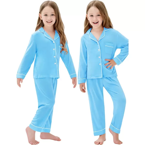 SWOMOG Kids Modal Pajama Set 4Pcs Long Sleeve Sleepwear Button Down Short Pjs Set Girls Boys Soft Loungewear 413 YearsLight Blue
