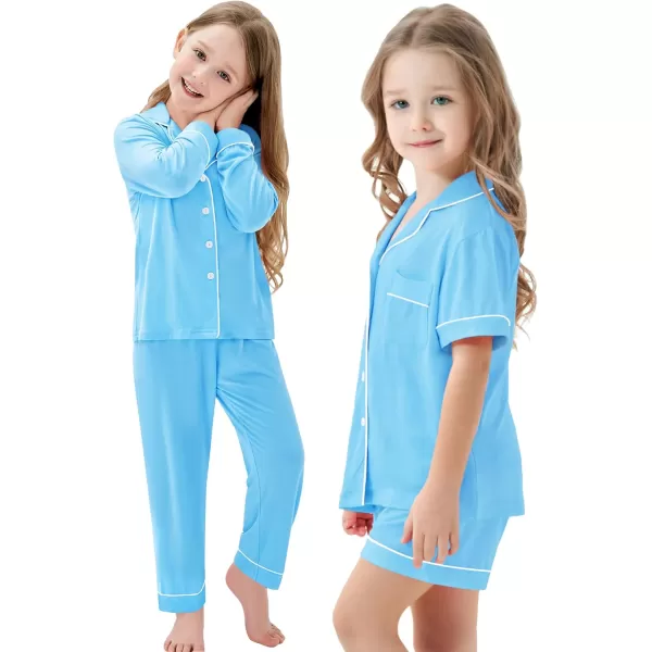 SWOMOG Kids Modal Pajama Set 4Pcs Long Sleeve Sleepwear Button Down Short Pjs Set Girls Boys Soft Loungewear 413 YearsLight Blue