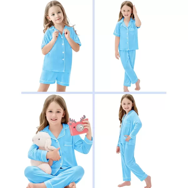 SWOMOG Kids Modal Pajama Set 4Pcs Long Sleeve Sleepwear Button Down Short Pjs Set Girls Boys Soft Loungewear 413 YearsLight Blue