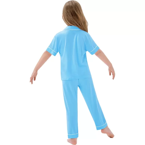 SWOMOG Kids Modal Pajama Set 4Pcs Long Sleeve Sleepwear Button Down Short Pjs Set Girls Boys Soft Loungewear 413 YearsLight Blue