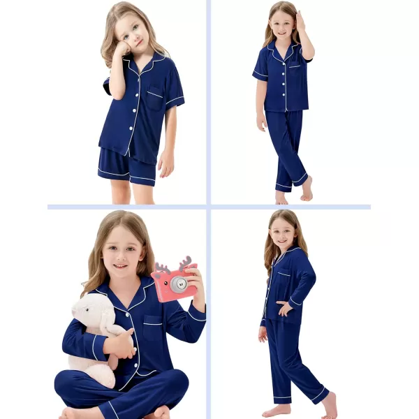 SWOMOG Kids Modal Pajama Set 4Pcs Long Sleeve Sleepwear Button Down Short Pjs Set Girls Boys Soft Loungewear 413 YearsNavy