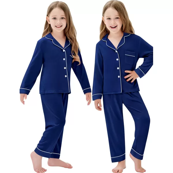 SWOMOG Kids Modal Pajama Set 4Pcs Long Sleeve Sleepwear Button Down Short Pjs Set Girls Boys Soft Loungewear 413 YearsNavy