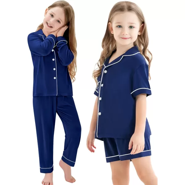 SWOMOG Kids Modal Pajama Set 4Pcs Long Sleeve Sleepwear Button Down Short Pjs Set Girls Boys Soft Loungewear 413 YearsNavy