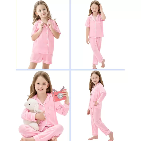 SWOMOG Kids Modal Pajama Set 4Pcs Long Sleeve Sleepwear Button Down Short Pjs Set Girls Boys Soft Loungewear 413 YearsPink