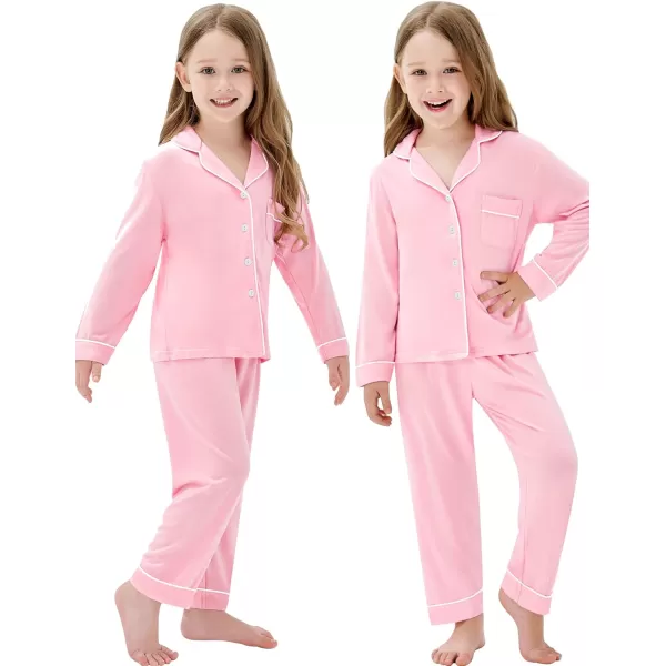 SWOMOG Kids Modal Pajama Set 4Pcs Long Sleeve Sleepwear Button Down Short Pjs Set Girls Boys Soft Loungewear 413 YearsPink