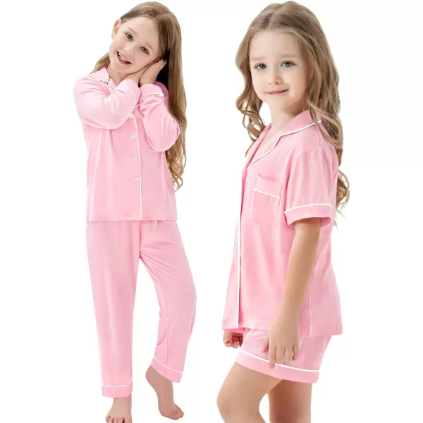 SWOMOG Kids Modal Pajama Set 4Pcs Long Sleeve Sleepwear Button Down Short Pjs Set Girls Boys Soft Loungewear 413 YearsPink