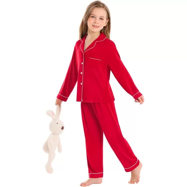 SWOMOG Kids Modal Pajamas Sets Girls Boys Long Sleeve Sleepwear 2 Piece Lounge Sets ButtonDown Pjs SetRed