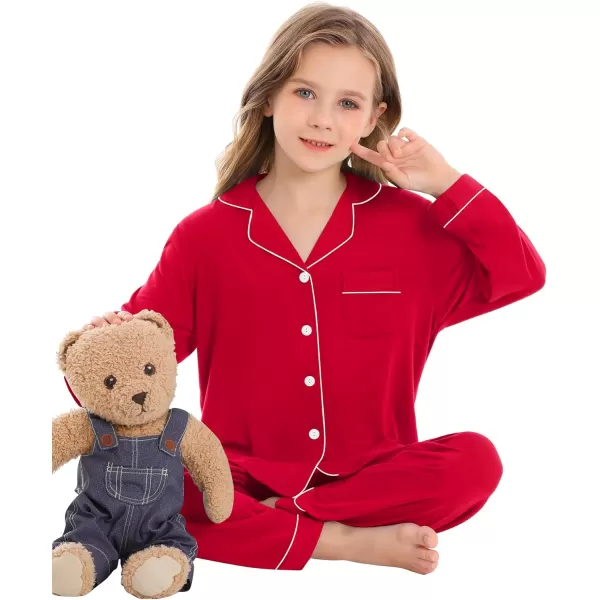 SWOMOG Kids Modal Pajamas Sets Girls Boys Long Sleeve Sleepwear 2 Piece Lounge Sets ButtonDown Pjs SetRed