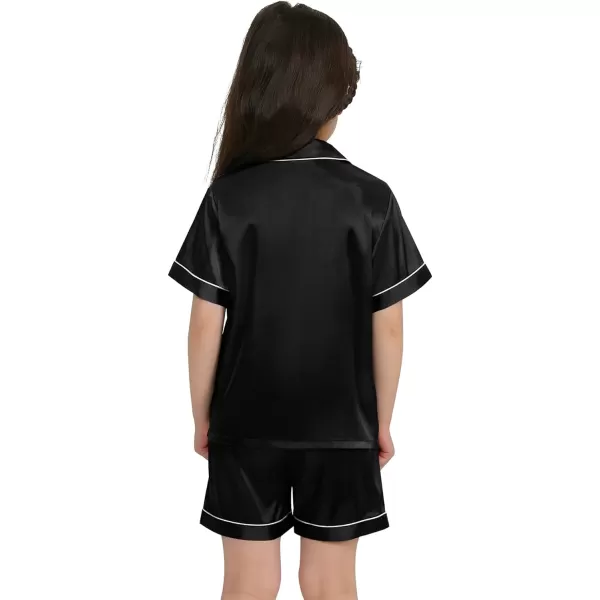 SWOMOG Kids Satin Pajamas Sets Girls Boys ButtonDown Pjs Short Sleeve Silk Nightwear 2 Piece Lounge SetsBlack