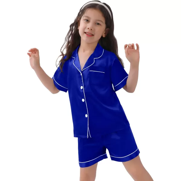 SWOMOG Kids Satin Pajamas Sets Girls Boys ButtonDown Pjs Short Sleeve Silk Nightwear 2 Piece Lounge SetsBlue