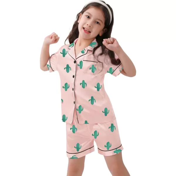 SWOMOG Kids Satin Pajamas Sets Girls Boys ButtonDown Pjs Short Sleeve Silk Nightwear 2 Piece Lounge SetsCactus Pink