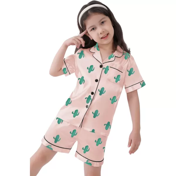 SWOMOG Kids Satin Pajamas Sets Girls Boys ButtonDown Pjs Short Sleeve Silk Nightwear 2 Piece Lounge SetsCactus Pink