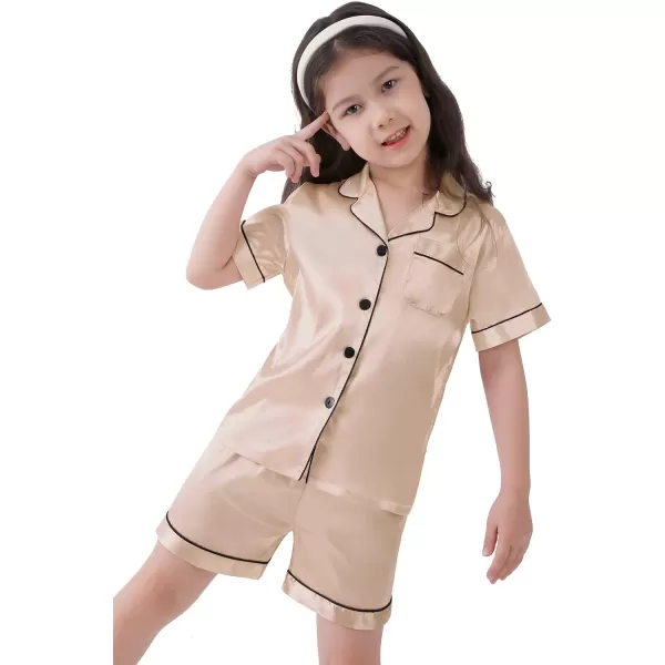 SWOMOG Kids Satin Pajamas Sets Girls Boys ButtonDown Pjs Short Sleeve Silk Nightwear 2 Piece Lounge SetsChampagne