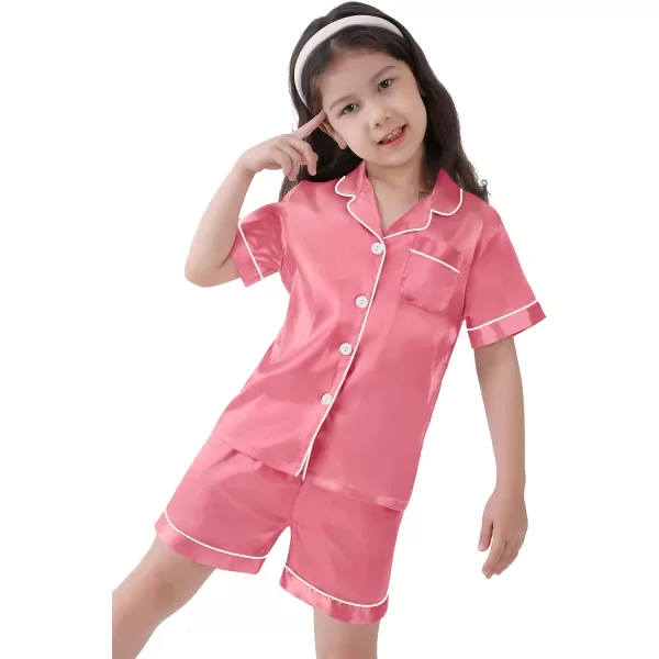 SWOMOG Kids Satin Pajamas Sets Girls Boys ButtonDown Pjs Short Sleeve Silk Nightwear 2 Piece Lounge SetsCoral Red