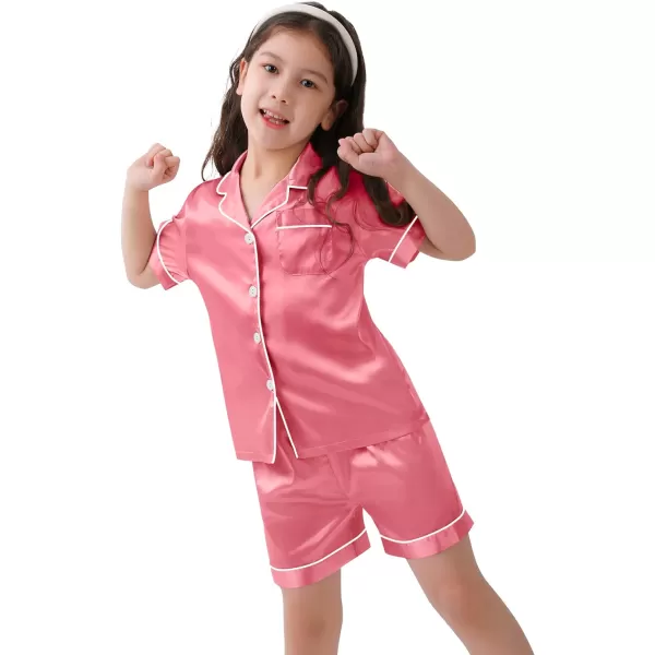 SWOMOG Kids Satin Pajamas Sets Girls Boys ButtonDown Pjs Short Sleeve Silk Nightwear 2 Piece Lounge SetsCoral Red