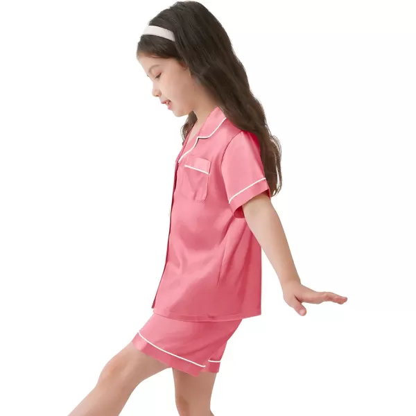 SWOMOG Kids Satin Pajamas Sets Girls Boys ButtonDown Pjs Short Sleeve Silk Nightwear 2 Piece Lounge SetsCoral Red