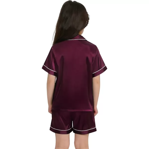 SWOMOG Kids Satin Pajamas Sets Girls Boys ButtonDown Pjs Short Sleeve Silk Nightwear 2 Piece Lounge SetsDark Wine Red