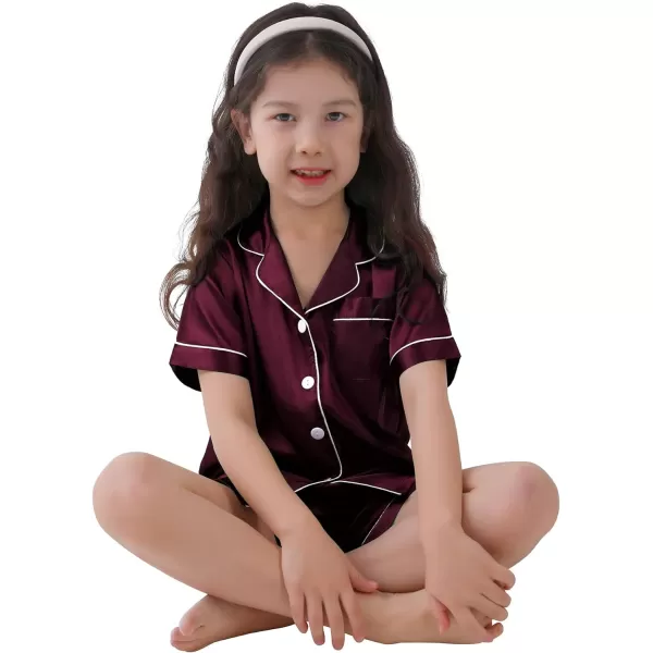 SWOMOG Kids Satin Pajamas Sets Girls Boys ButtonDown Pjs Short Sleeve Silk Nightwear 2 Piece Lounge SetsDark Wine Red