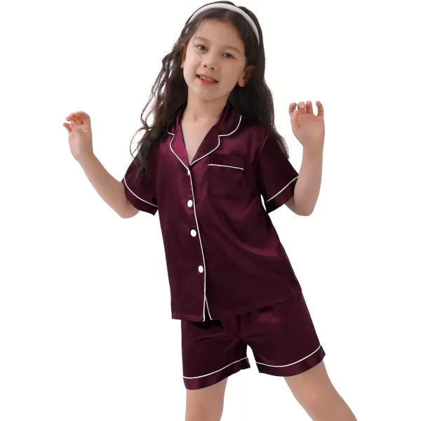 SWOMOG Kids Satin Pajamas Sets Girls Boys ButtonDown Pjs Short Sleeve Silk Nightwear 2 Piece Lounge SetsDark Wine Red