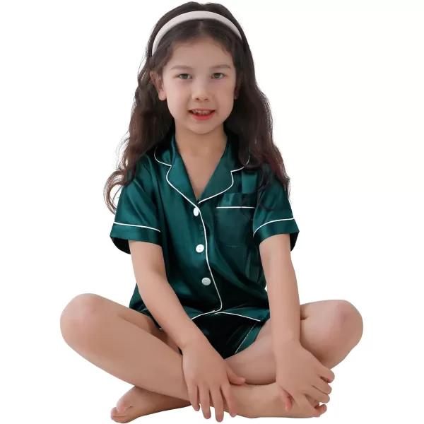 SWOMOG Kids Satin Pajamas Sets Girls Boys ButtonDown Pjs Short Sleeve Silk Nightwear 2 Piece Lounge SetsDeep Green