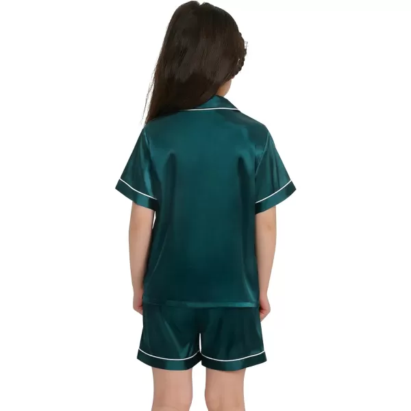 SWOMOG Kids Satin Pajamas Sets Girls Boys ButtonDown Pjs Short Sleeve Silk Nightwear 2 Piece Lounge SetsDeep Green