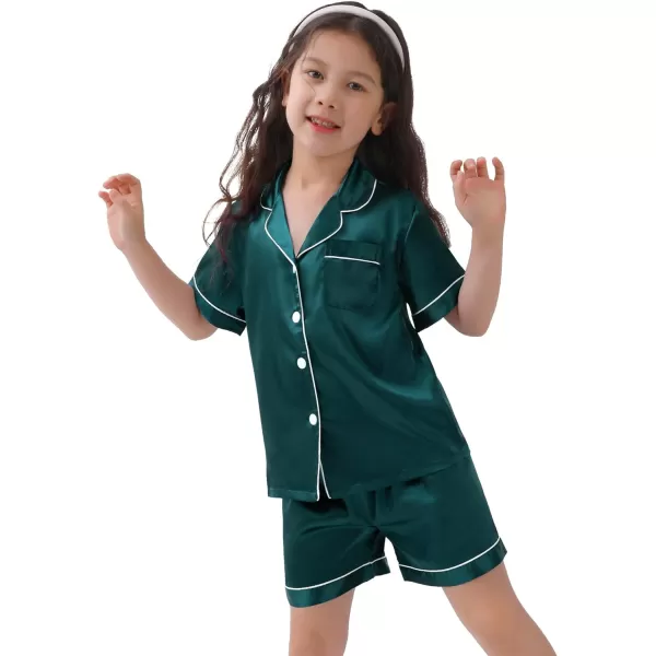 SWOMOG Kids Satin Pajamas Sets Girls Boys ButtonDown Pjs Short Sleeve Silk Nightwear 2 Piece Lounge SetsDeep Green