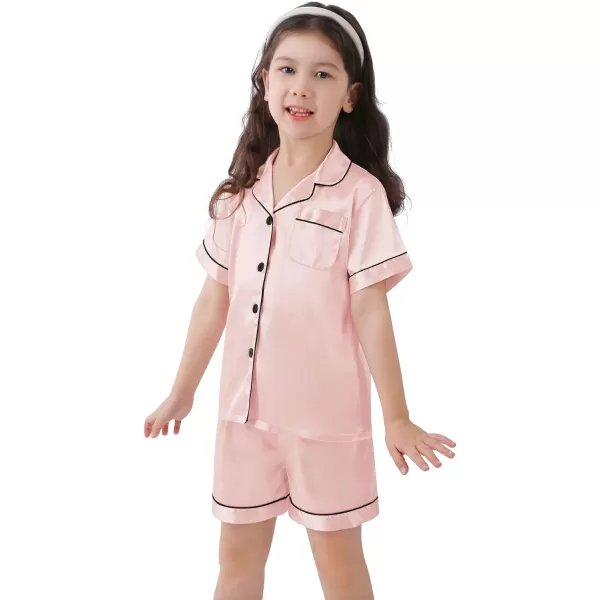 SWOMOG Kids Satin Pajamas Sets Girls Boys ButtonDown Pjs Short Sleeve Silk Nightwear 2 Piece Lounge SetsDeep Pink