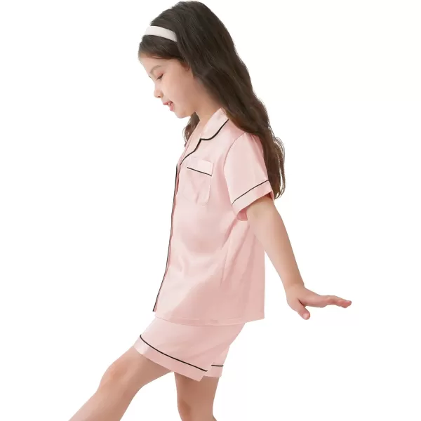 SWOMOG Kids Satin Pajamas Sets Girls Boys ButtonDown Pjs Short Sleeve Silk Nightwear 2 Piece Lounge SetsDeep Pink