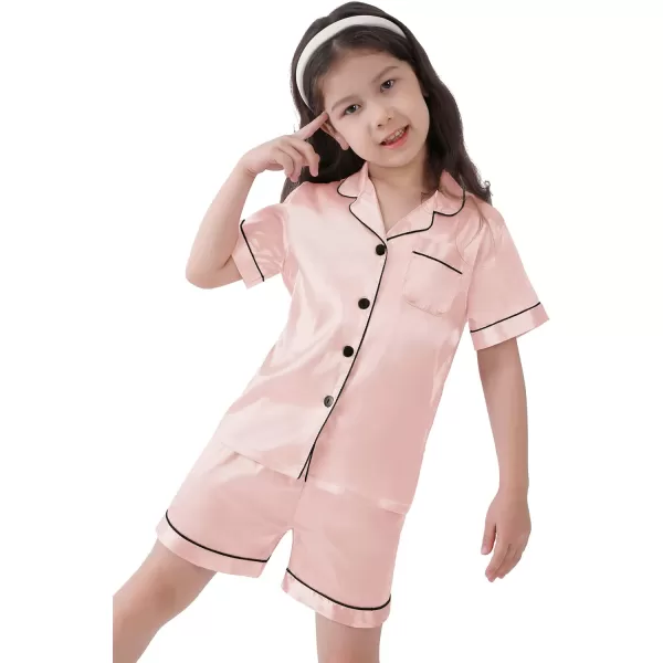 SWOMOG Kids Satin Pajamas Sets Girls Boys ButtonDown Pjs Short Sleeve Silk Nightwear 2 Piece Lounge SetsDeep Pink