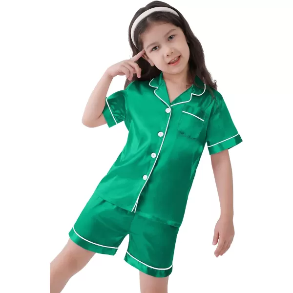 SWOMOG Kids Satin Pajamas Sets Girls Boys ButtonDown Pjs Short Sleeve Silk Nightwear 2 Piece Lounge SetsEmerald Green