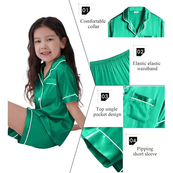 SWOMOG Kids Satin Pajamas Sets Girls Boys ButtonDown Pjs Short Sleeve Silk Nightwear 2 Piece Lounge SetsEmerald Green