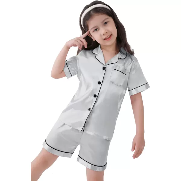 SWOMOG Kids Satin Pajamas Sets Girls Boys ButtonDown Pjs Short Sleeve Silk Nightwear 2 Piece Lounge SetsGray