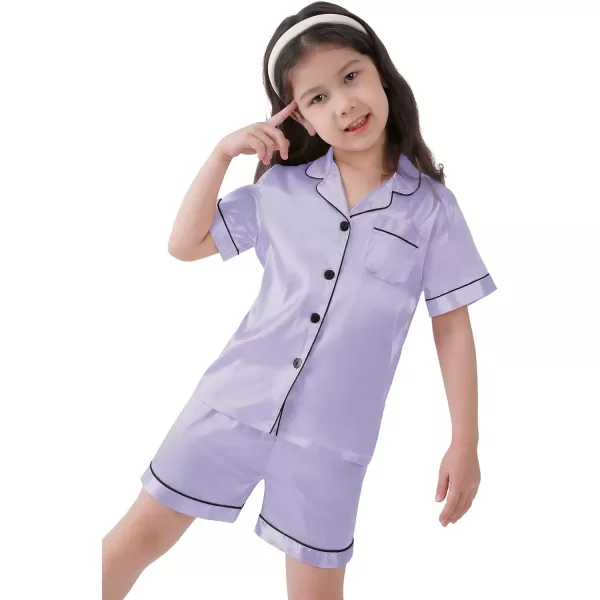 SWOMOG Kids Satin Pajamas Sets Girls Boys ButtonDown Pjs Short Sleeve Silk Nightwear 2 Piece Lounge SetsLavender