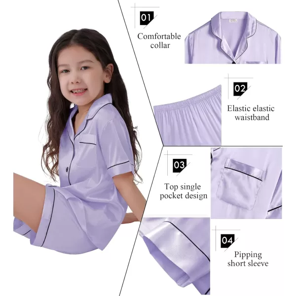 SWOMOG Kids Satin Pajamas Sets Girls Boys ButtonDown Pjs Short Sleeve Silk Nightwear 2 Piece Lounge SetsLavender