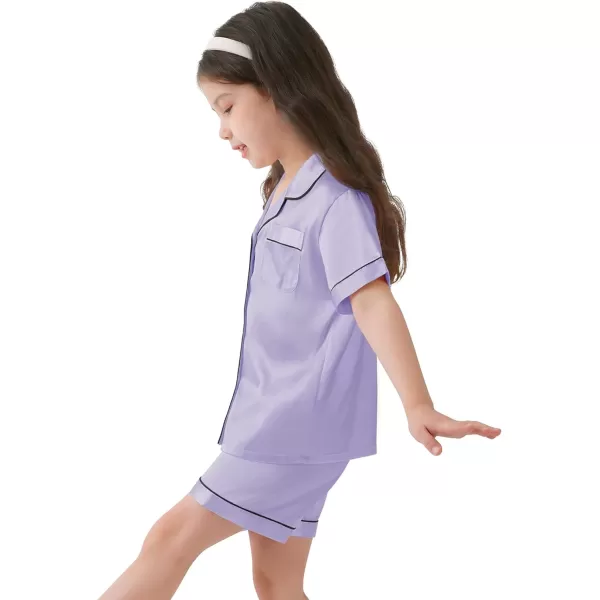 SWOMOG Kids Satin Pajamas Sets Girls Boys ButtonDown Pjs Short Sleeve Silk Nightwear 2 Piece Lounge SetsLavender