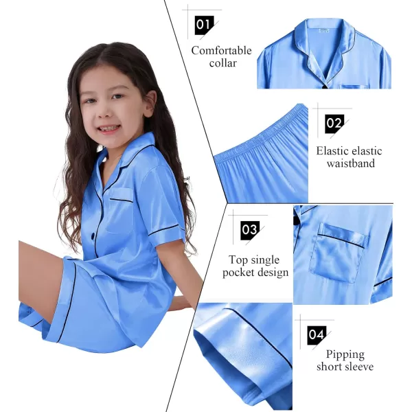 SWOMOG Kids Satin Pajamas Sets Girls Boys ButtonDown Pjs Short Sleeve Silk Nightwear 2 Piece Lounge SetsMarina Blue