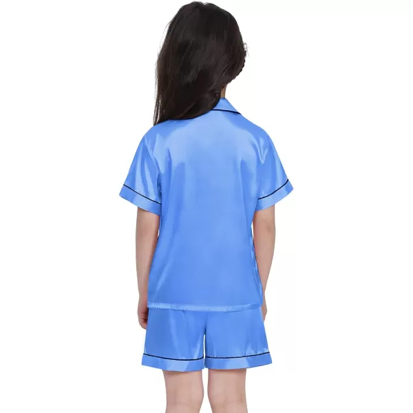 SWOMOG Kids Satin Pajamas Sets Girls Boys ButtonDown Pjs Short Sleeve Silk Nightwear 2 Piece Lounge SetsMarina Blue