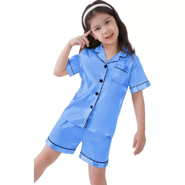 SWOMOG Kids Satin Pajamas Sets Girls Boys ButtonDown Pjs Short Sleeve Silk Nightwear 2 Piece Lounge SetsMarina Blue