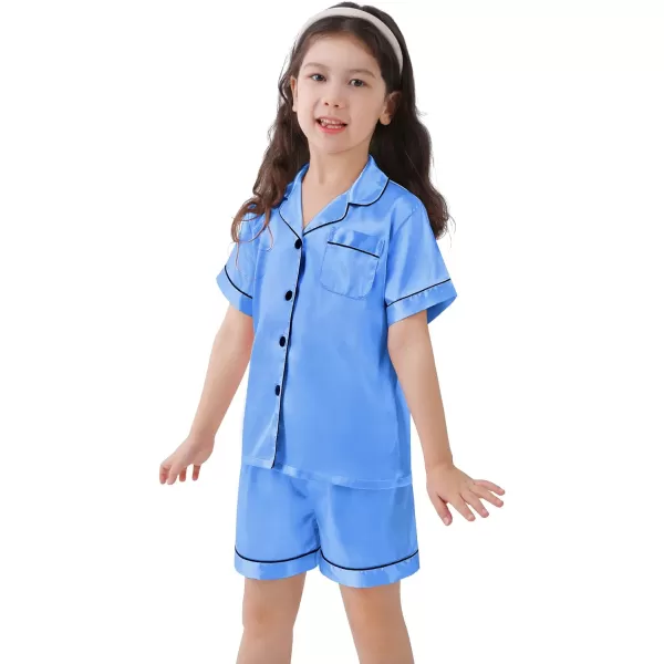 SWOMOG Kids Satin Pajamas Sets Girls Boys ButtonDown Pjs Short Sleeve Silk Nightwear 2 Piece Lounge SetsMarina Blue