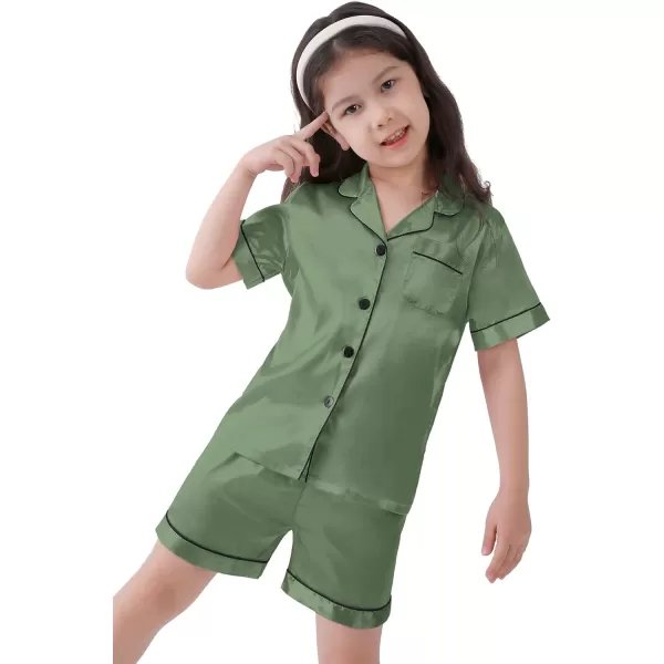 SWOMOG Kids Satin Pajamas Sets Girls Boys ButtonDown Pjs Short Sleeve Silk Nightwear 2 Piece Lounge SetsMatcha