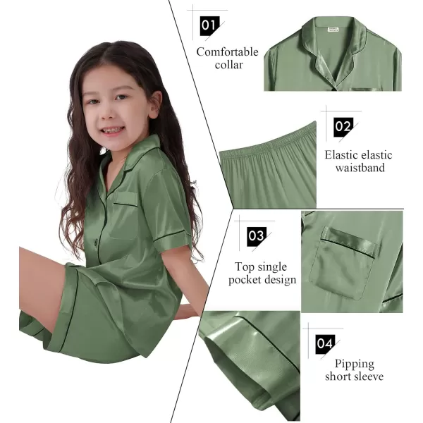 SWOMOG Kids Satin Pajamas Sets Girls Boys ButtonDown Pjs Short Sleeve Silk Nightwear 2 Piece Lounge SetsMatcha