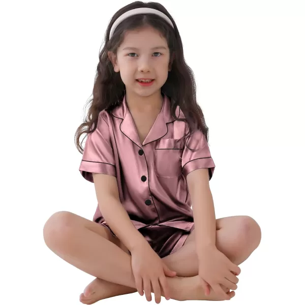 SWOMOG Kids Satin Pajamas Sets Girls Boys ButtonDown Pjs Short Sleeve Silk Nightwear 2 Piece Lounge SetsMisty Rose