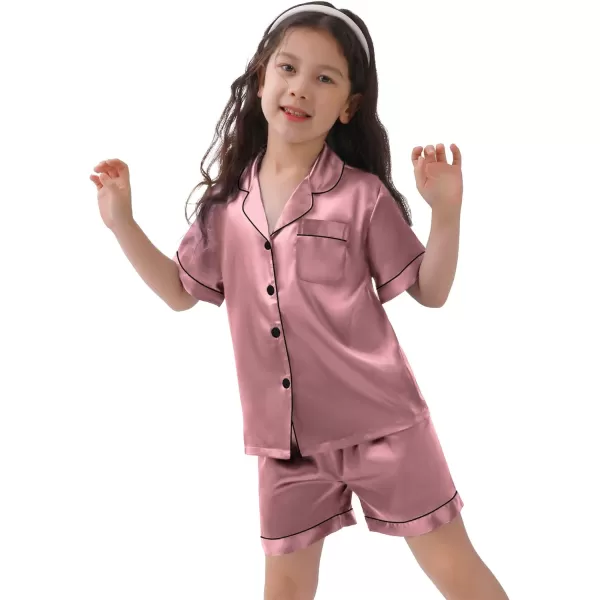 SWOMOG Kids Satin Pajamas Sets Girls Boys ButtonDown Pjs Short Sleeve Silk Nightwear 2 Piece Lounge SetsMisty Rose